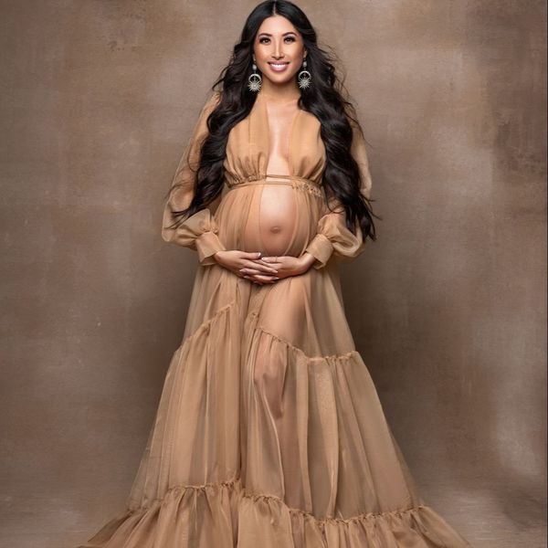 

khaki long sleeve maternity dresses boho illusion floor length prom gown maxi dress tulle pshoot boudoir lingerie, Black