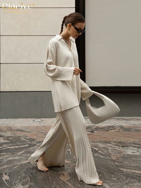 

women's two piece pants clacive fashion long sleeve blouses peice sets casual loose slit wide trouser suits elegant white pleated femal