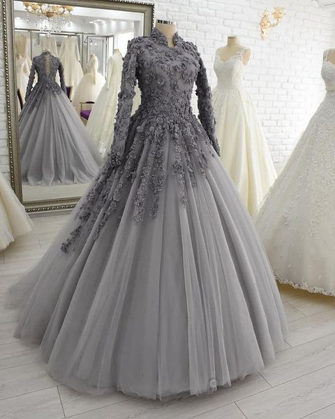 

mulsim floral appliques prom dresses for women elegant gray long sleeves tulle ball gown evening dress floor length arabic dubai flowers for, Black