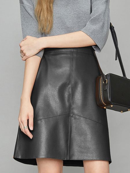 

skirts women's autumn and winter leather goods high waist short leather goods women's sheepskin a-line playful mini leather goods, Black