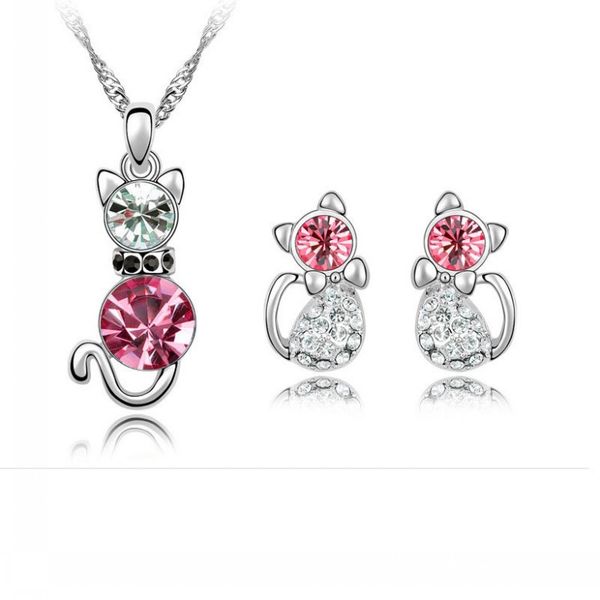 

5 sets/lot cartoon obedient cat style pendant necklace ear studs inlaid rhinestone crystal twinkle decorate adjeustable length american styl, Silver