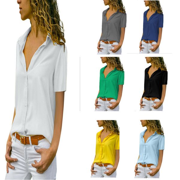 

women lady summer casual blouse turn down collar short sleeve shirt button, White