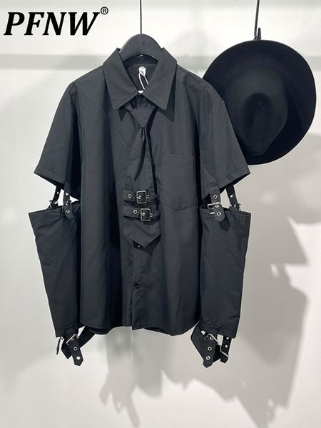 

men s casual shirts pfnw punk darkwear high street nihce style shirt spliced sleeve necktie summer spring blouse 12a1583 230407, White;black