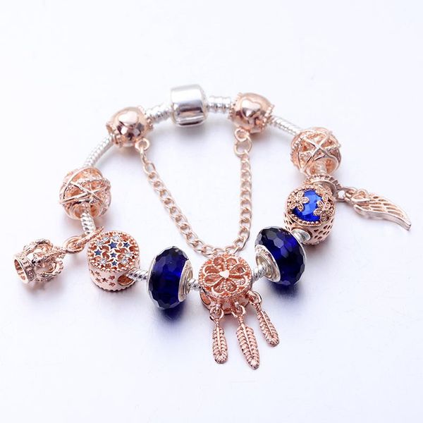 

rose gold women's bracelet dream catcher european and american trend crown wings pendant charm interwoven bead diy bangles gift girls s, Golden;silver