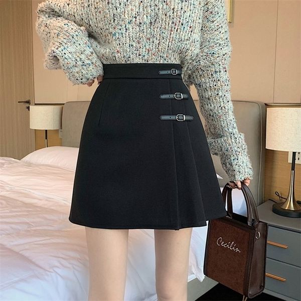 

skirts women's elegant a-line mini skiing korean vintage wool full set high waist women's casual sprint h119 230406, Black