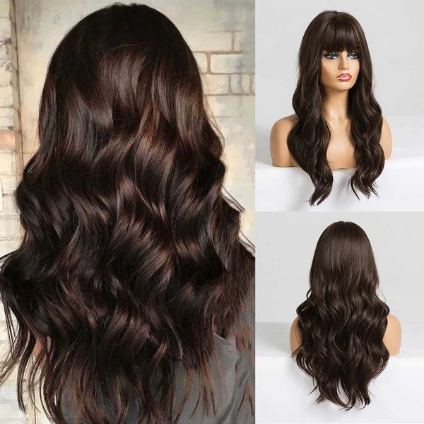 

synthetic wigs easihair long dark brown women's wigs with bangs water wave heat resistant synthetic for women african american hair wig, Black