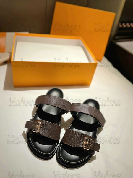 

womens designer sandal bom dia flat mule slipper 2 straps with adjusted gold buckles leather beach summer pool pillow comfort, Black