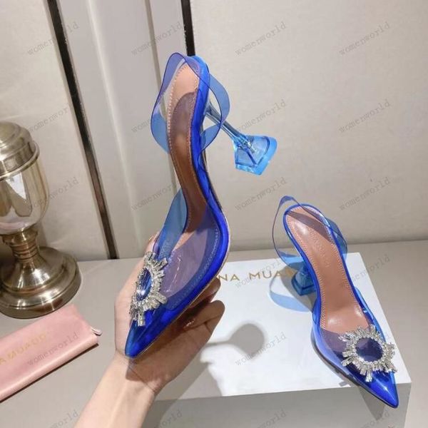 

luxury designer amina muaddi sandals new clear begum glass pvc crystal transparent slingback sandal heel pumps 100mm crystal-embellished sli, Black