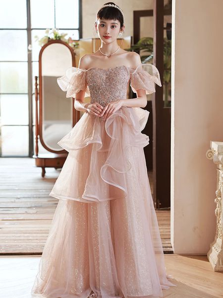 

champagne pink celebrity dress ruffle sequined off shoulder applique a line sweetheart formal women prom ceremony evening gowns, Black;red
