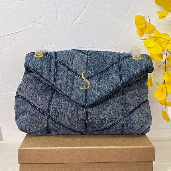 

womens designer jumbo loulou puffer denim bag gold/silver metal hardware chain strap underarm shoulder handbags tote large capacity vintage