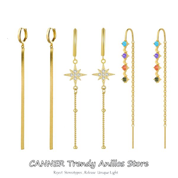 

hoop huggie canner 100 925 sterling silver vintage long chain tassel drop earrings for women trend korean jewelry hanging pendientes 230407, Golden;silver