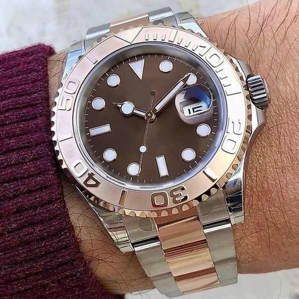 

new's men's upgraded master series watch brown dial rose gold ceramic bezel two-tone inlaid stainless steel solid solid bracelet a, Slivery;brown