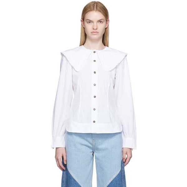 

ganni 23ss women designer fashion silk casual shirt hawaii beach doll neck white ruffle collar long sleeve for fashion simple draping satin
