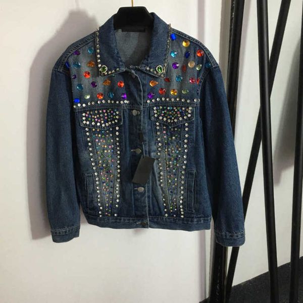 

23ss denim coat womens designer clothing womens jacket heavy industry nail drill color nail bead lapel long sleeve denim coat women clothes, Black;brown