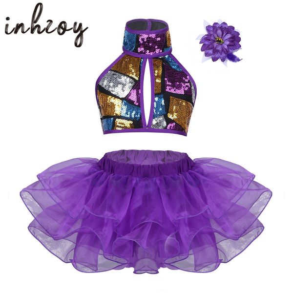 

dancewear kids girls sequins ballet tutu dress set halter ballroom lyrical jazz dance costumes stage performance dancing skirt outfit 230407, Blue