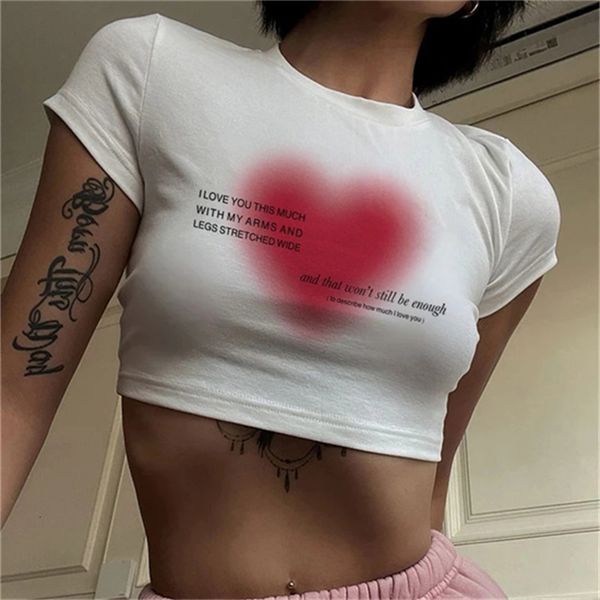 

womens tshirt 2000s streetwear harajuku y2k heart print baby tees summer egirl white crop goth short sleeve tshirts slim y2k 230406