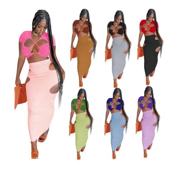 

wholesale two piece dress skirt sets designer hollow out v neck crop tanks mid skirts women summer dress suits outfits 9657, White