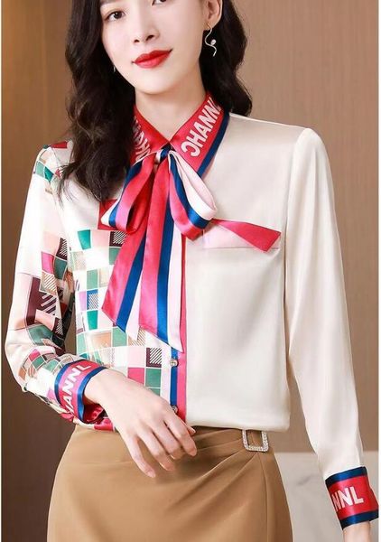 

women's blouses & shirts designer printed runway chiffon shirts beautiful long sleeve office ladies button shirt, White