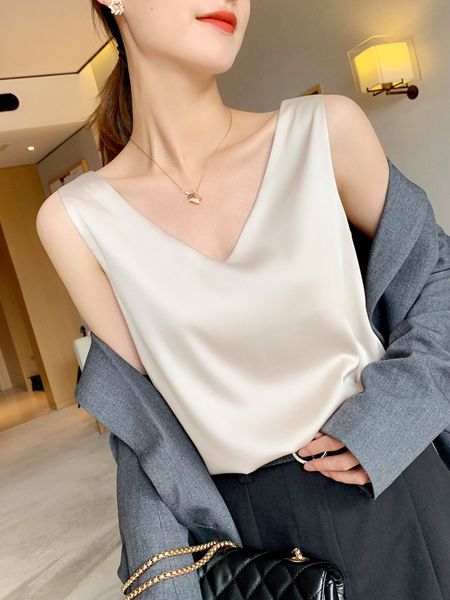 

camisoles tanks women's summer chiffon v-neck plus size satin office black women's tuned elegant shirt silk strap tank women', Black;white