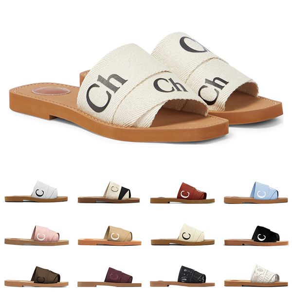 

women woody sandals mules designer flat slides beige white black blue pink lace lettering fabric canvas slippers womens summer outdoor shoes