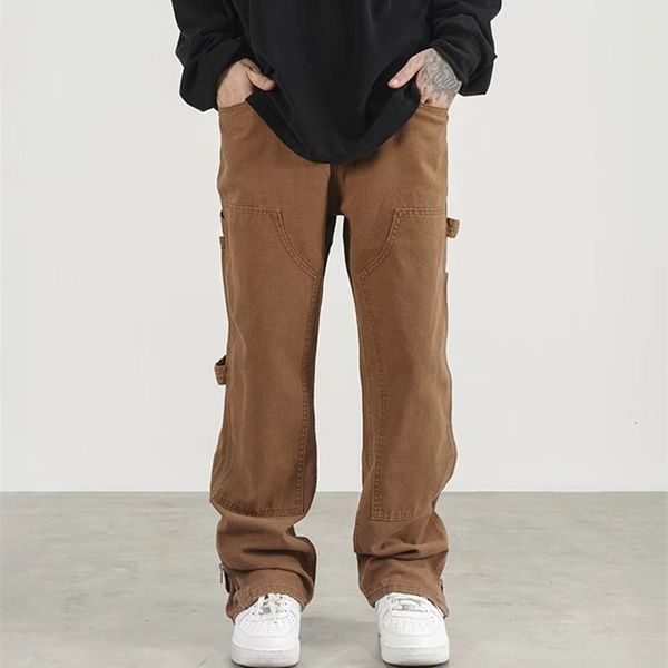 

men's pants ankle zipper brown pocket men's cargo wide pants hip hop straight loose women's casual long trousers pantalon hom, Black