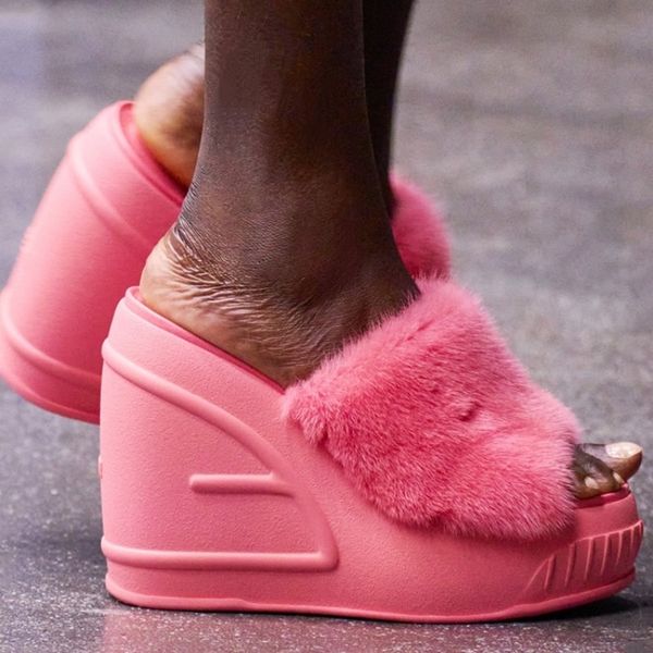 

fashion slippers mink suede wedges high-heeled sandals 9cm sheepskin prom wedding women's shoes summer luxury brand shoes party women&#, Black