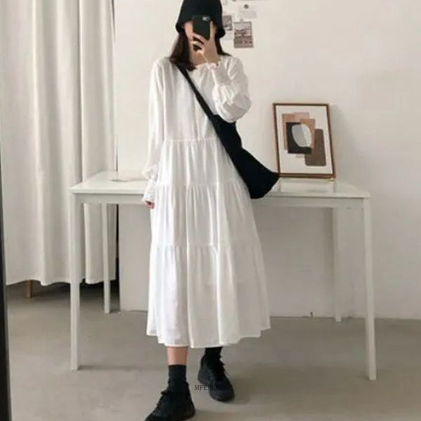 

casual dresses size 6xl 150kg women's long sleeve dress solid o-neck loose waist women's large black and white dress 230407, Black;gray