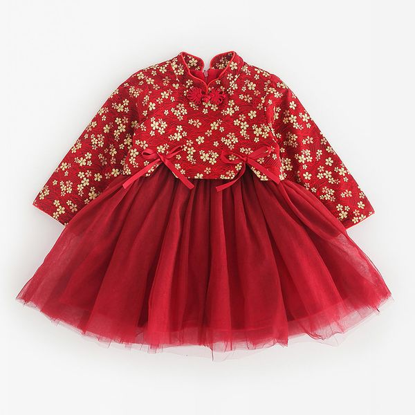 

girl's dresses christmas princess dress for girls plus velvet thicken warm winter infant baby clothes chinese style year kids tutu dres, Red;yellow