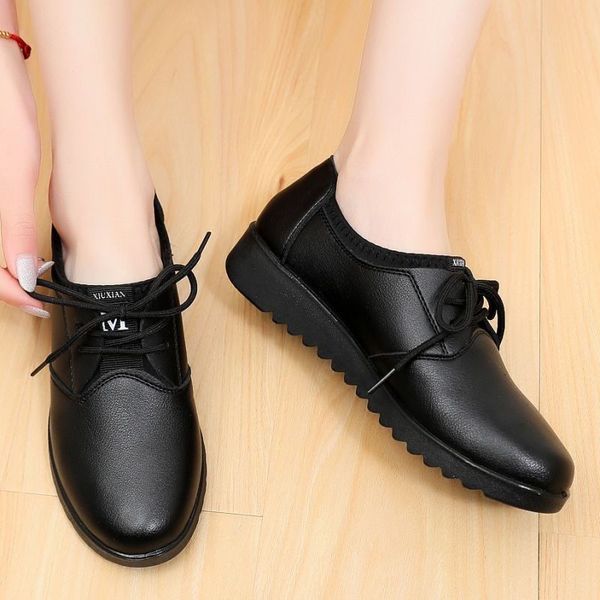 

sandals solid black oxford shoes woman work leather wedge flats female casual lace up spring women s kitchen non slip loafers 230407