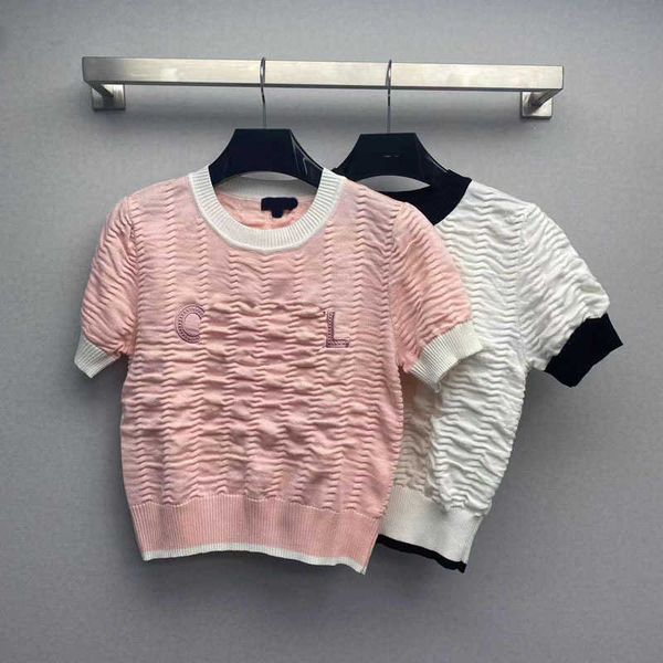 

luxury goods women's knits tees small fragrant wind bubble fold letter embroidery knitted short sleeve 2023 summer product temperament, White