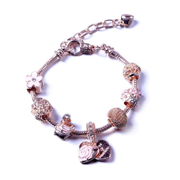 

classical women's bracelet diy beads strand snake chain bracelets with heart key flower dreamcatcher pendant charm bracelet drill oil g, Golden;silver