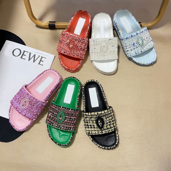 

women plaid tweed leather straw woven slides sandals slip on wedge flats fashion beach slippers mule brand flip flops casual slides shoes pl, Black