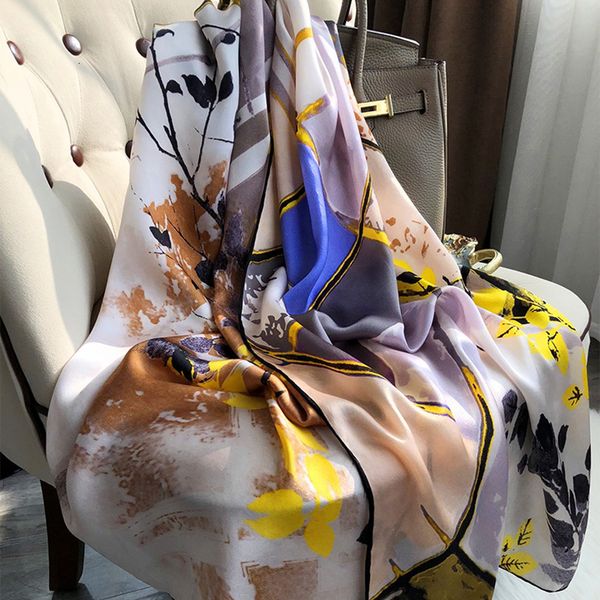 

scarves women silk winter scarf luxury design print lady beach shawl fashion smooth foulard female hijab 230407, Blue;gray