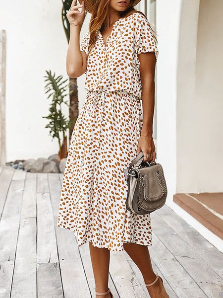 

casual dresses dots print white summer dress women's short sleeve tunic vintage midi dress casual holiday bohemian beach dress vestidos, Black;gray