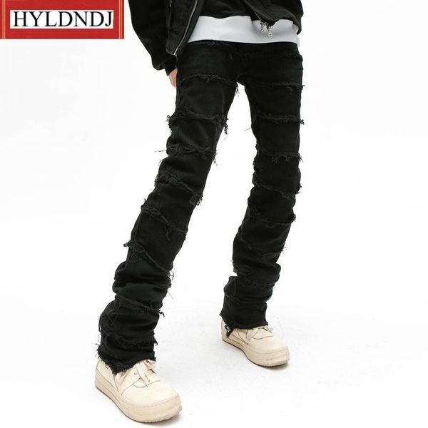 

mens jeans mens high street retro straight ripped pencil pants oversize denim trousers heavy industry hole frayed destruction waxed jeans 23, Blue