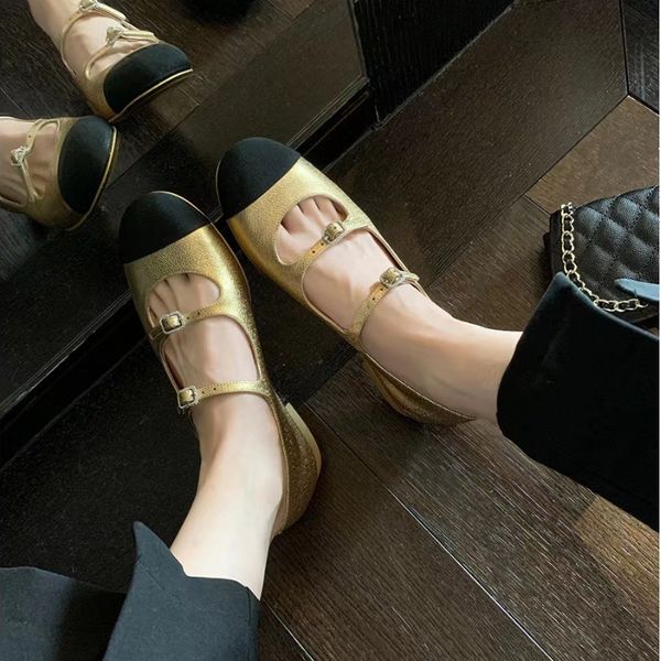 

ballet flats women's designer shoes elegant double buckle shallow round toe leather ccs, Black