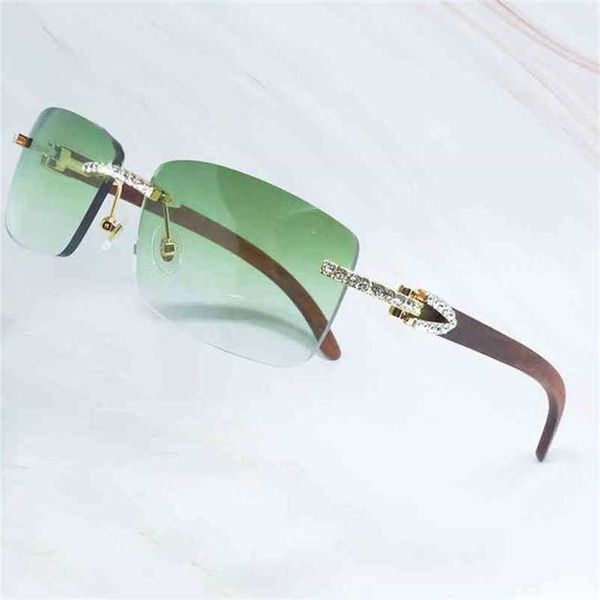 

2023 designer glasses model wooden men rhinestone rimless square craved wood sun glasses shades iced out decoration eyewear rrp7 sunglasses, White;black