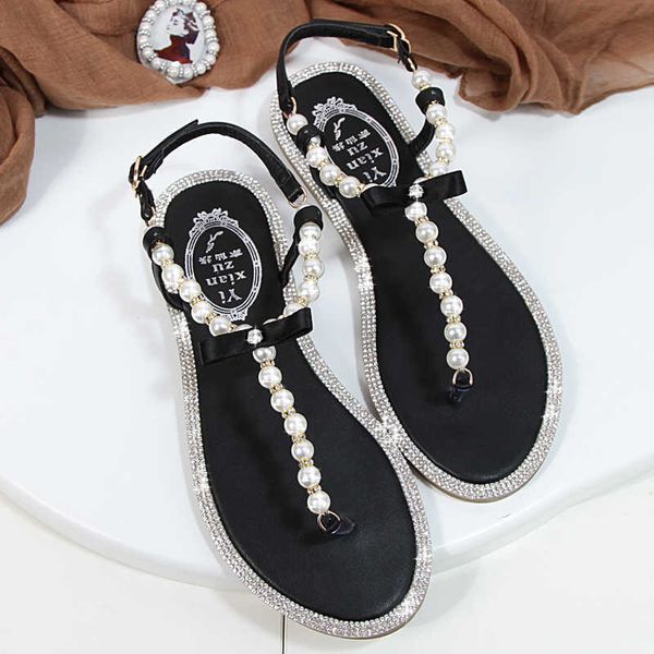 

sandals women sandals 2023 new summer shoes flat pearl sandals comfortable string bead beach slippers casual sandals pink white black y2304