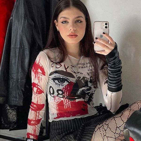 

women s t shirt mesh gothic aesthetic see through women t shirts grunge printed bodycon crop punk e girl long sleeve clothes 230407, White