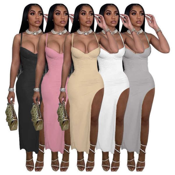 

2023 new women casual dresses fashion maxi dress solid color strappy dress halter sleeveless slit ladies long skirt, Black;gray