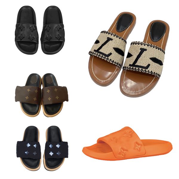 

614s 613s slippers with box raffia embroidered flat mules designer slippers beach women shoes pine green gold sky blue pink 24 color schemes, Black