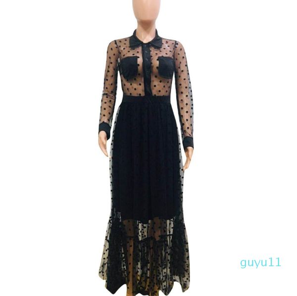 

black polk dot mesh charming women party dresses turn down neck long sleeves see through, Black;gray