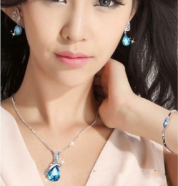

angel tears drop pendant necklace earrings bracelet jewellery sets inlaid rhinestone zircon twinkle non fading elegant ornaments women valen, Black