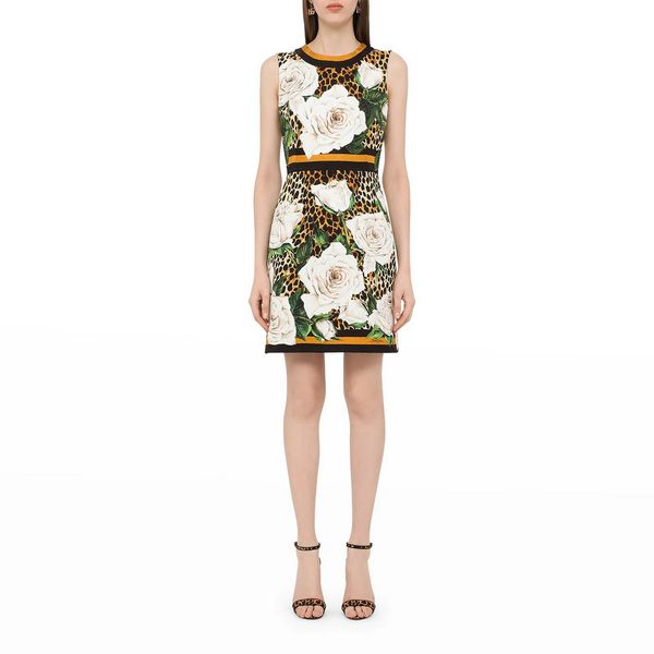 

womens dress sleeveless leopard white rose printed mini dress, White;black