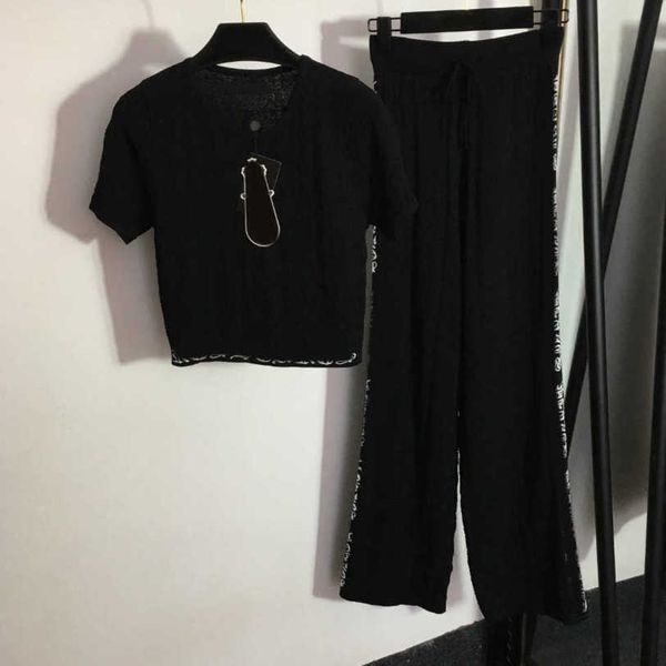 

23ss knitted suit womens tracksuits womens designer clothing slim short sleeve t-shirt elastic high waist wide leg trousers set women clothe, White