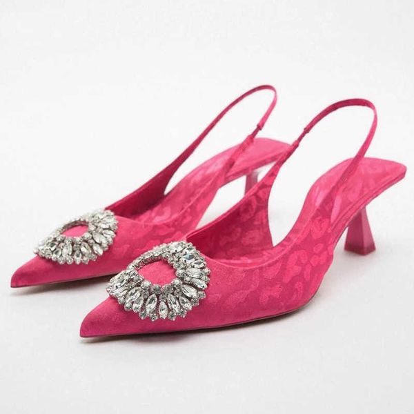 

sandals womens pink leopard print high heels fashion rhinestones slingback pumps woman pointed toe highed dress shoe 230406, Black