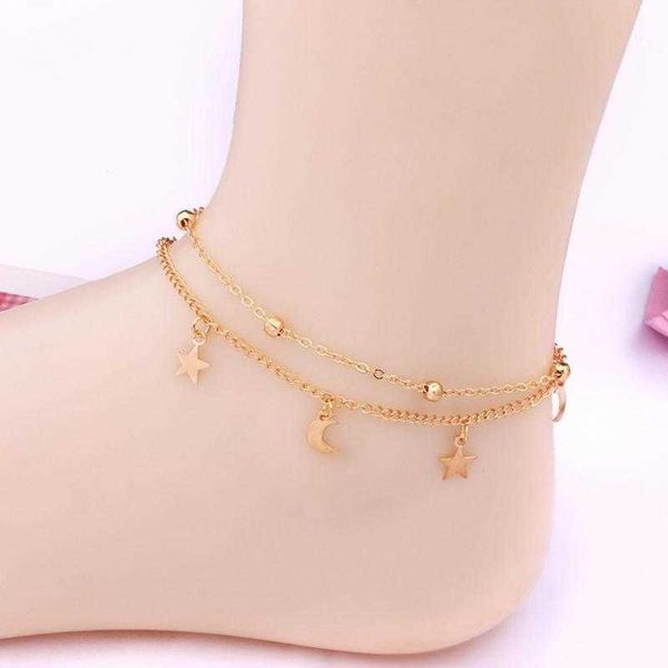 

anklets double chain boho anklet foot jewelry ankle summer bracelet moon star charm sandals barefoot beach leg bracelet bijoux gift aa230406, Red;blue