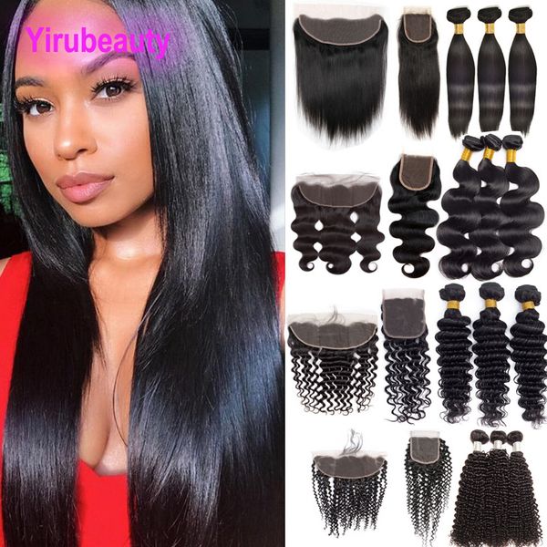 

yirubeauty brazilian 100% human hair 3 bundles with 4x4 13x4 lace frontal 4 pcs body wave kinky curly deep wave, Black;brown