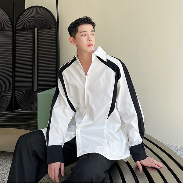 

men s casual shirts oversize men black white splice long sleeve loose streetwear fashion male japan korea niche cityboy 230407, White;black