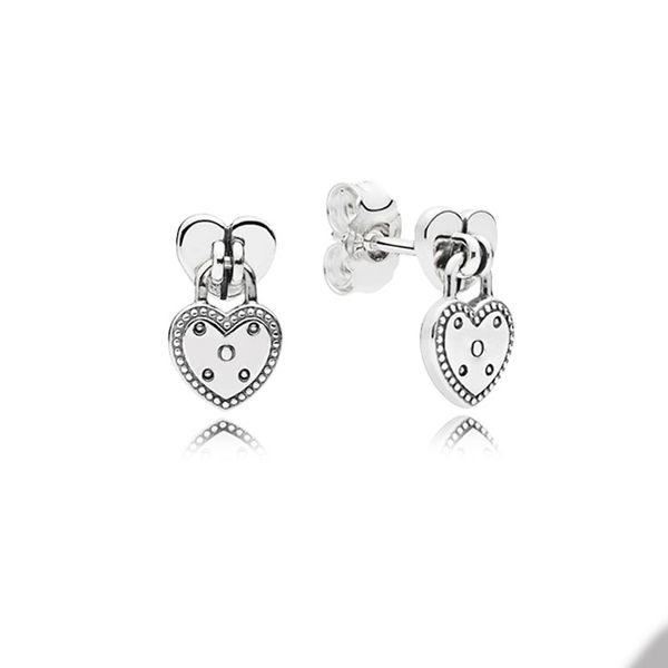 

heart shaped padlock stud earring for pandora 925 sterling silver wedding designer earrings set for women girlfriend gift love hearts earrin, Golden;silver